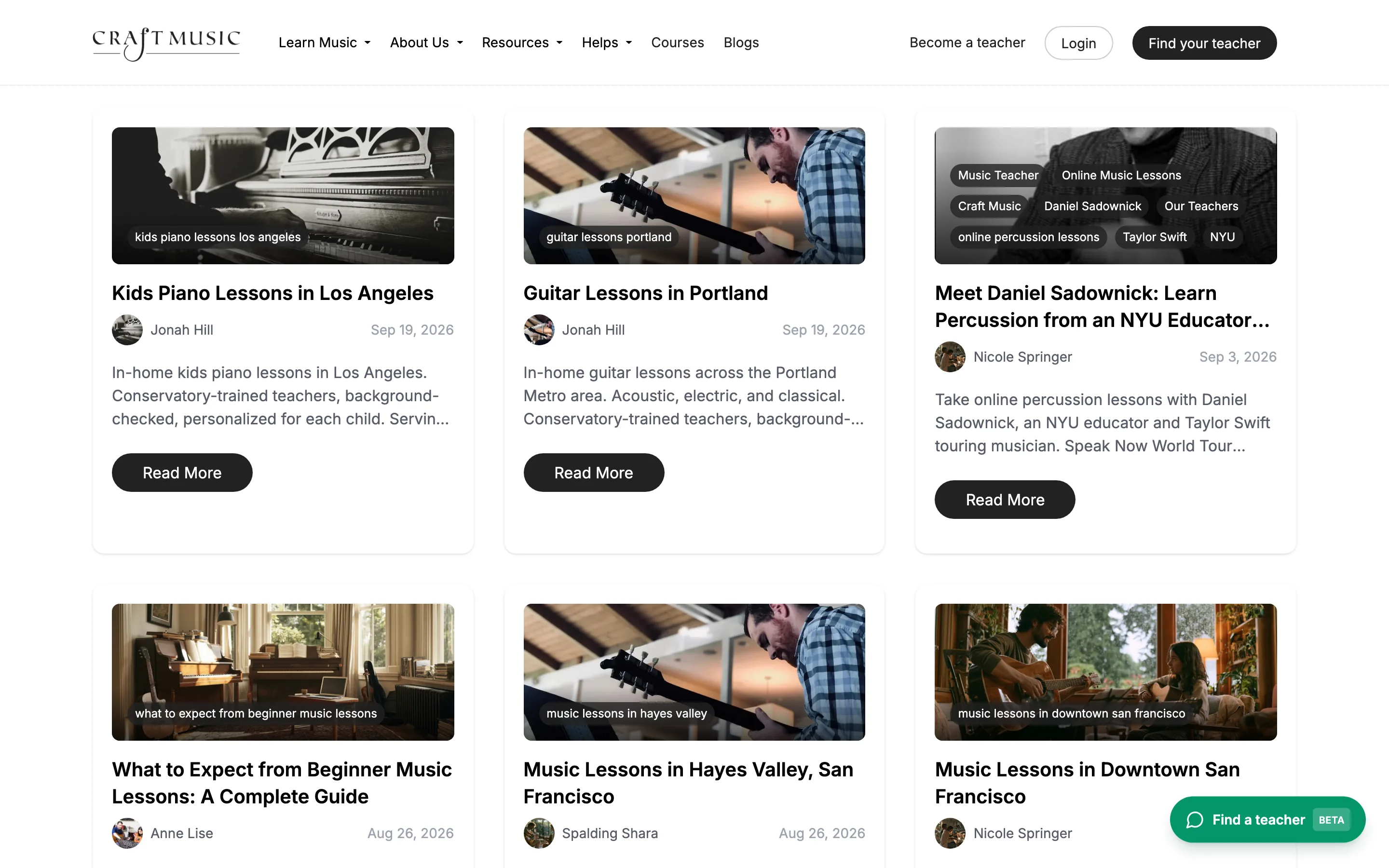 Craft Music blog listing with article cards for local and online music lessons