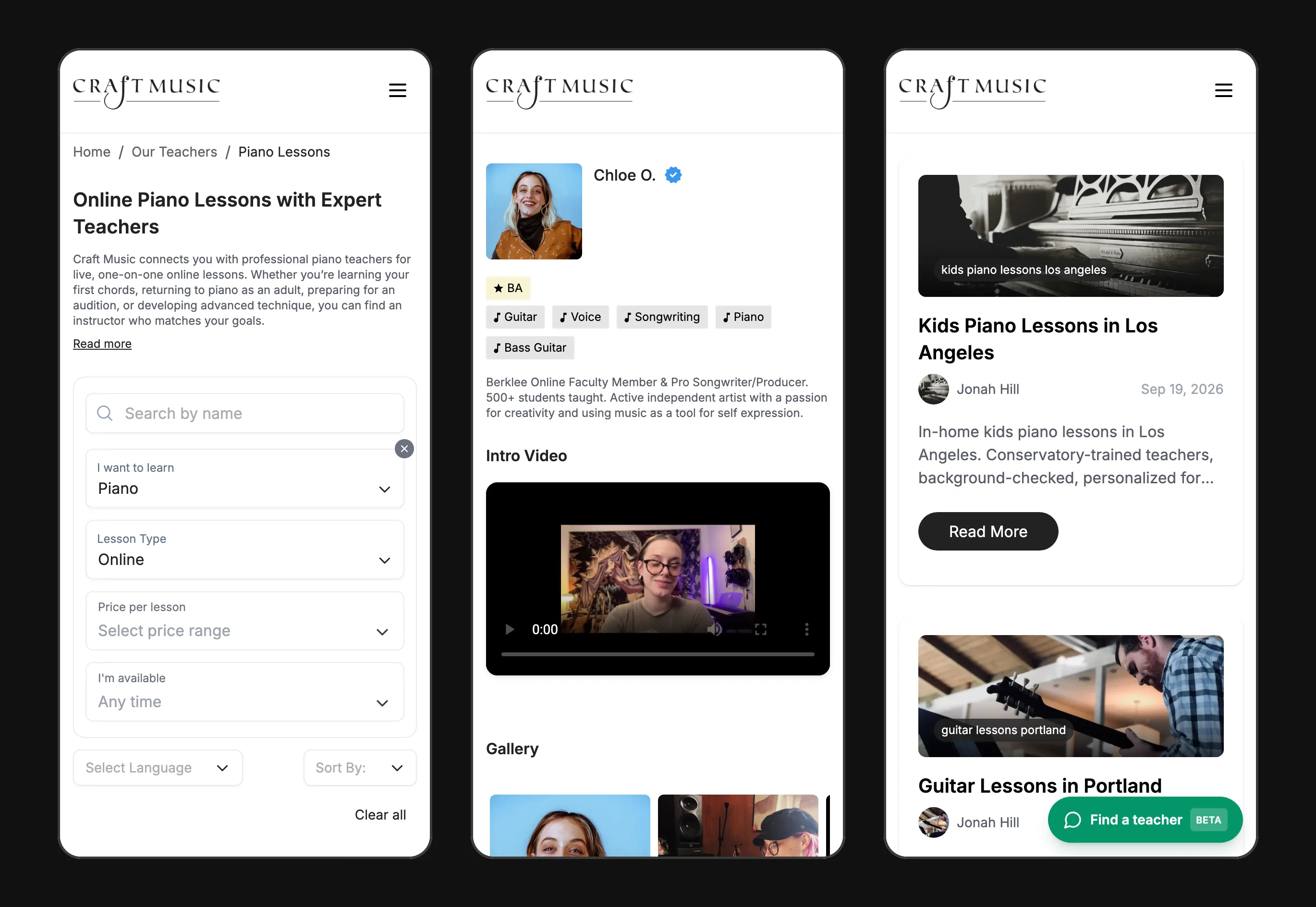 Craft Music piano lessons search, a teacher profile and the blog shown at phone width