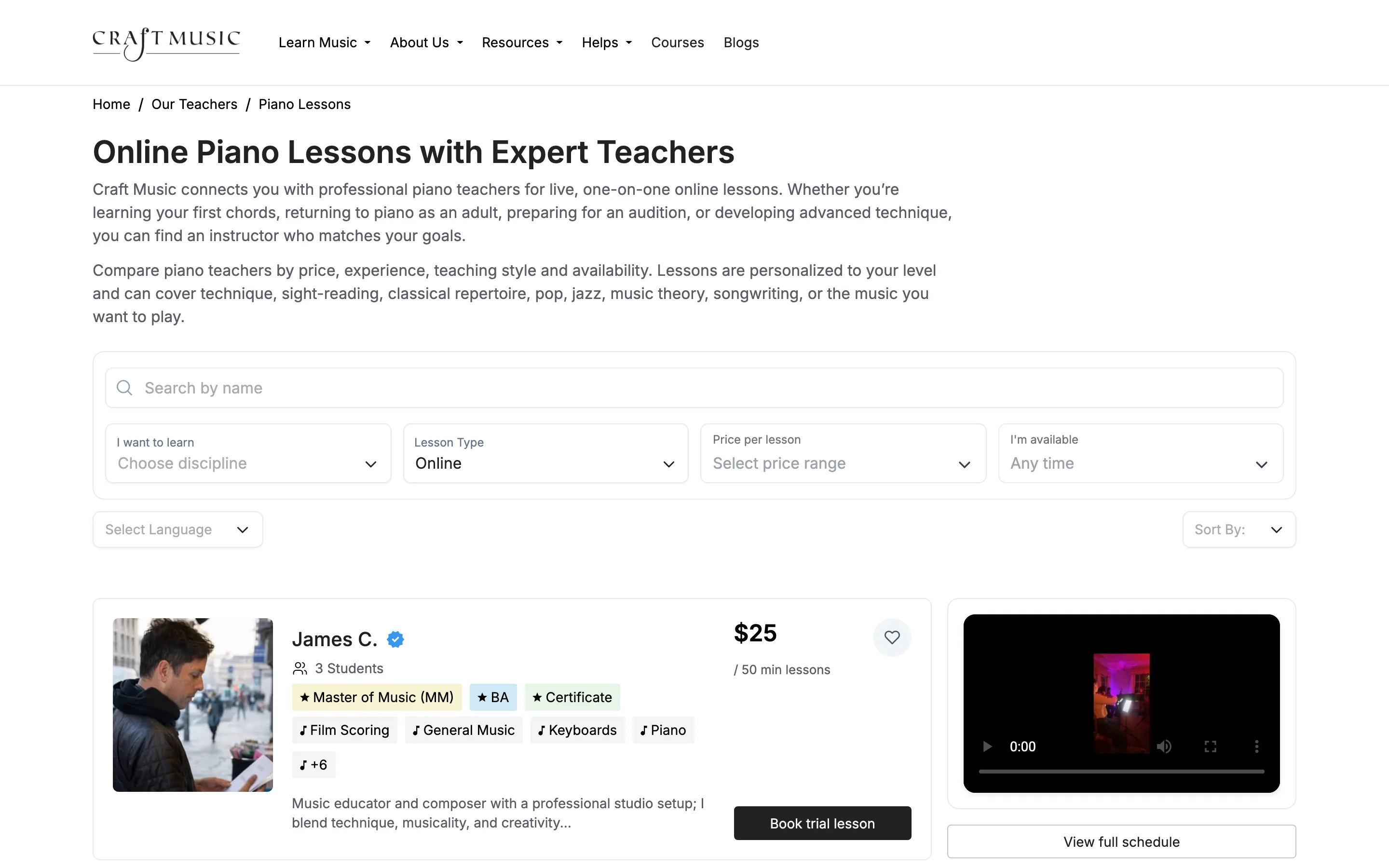 Craft Music piano lessons page with filters for lesson type, price and availability, and a teacher card