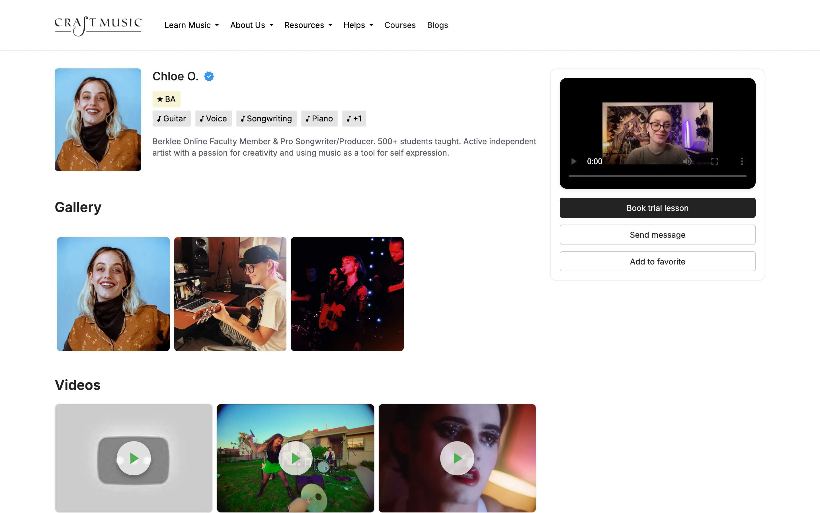 Craft Music teacher profile with bio, instrument tags, photo gallery, videos and booking buttons