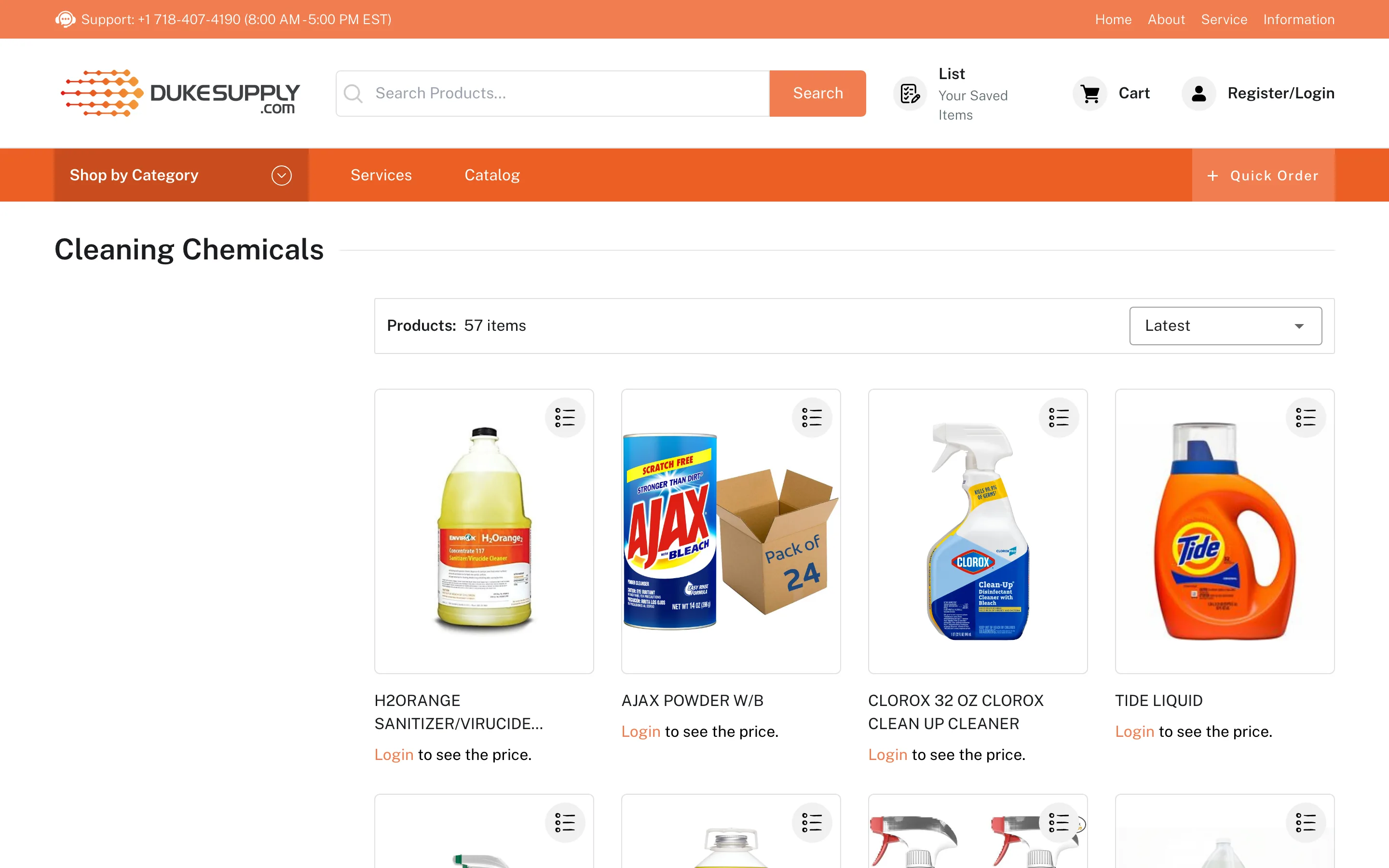 Duke Supply category page with product grid, sorting, Quick Order button and login-to-see-price labels