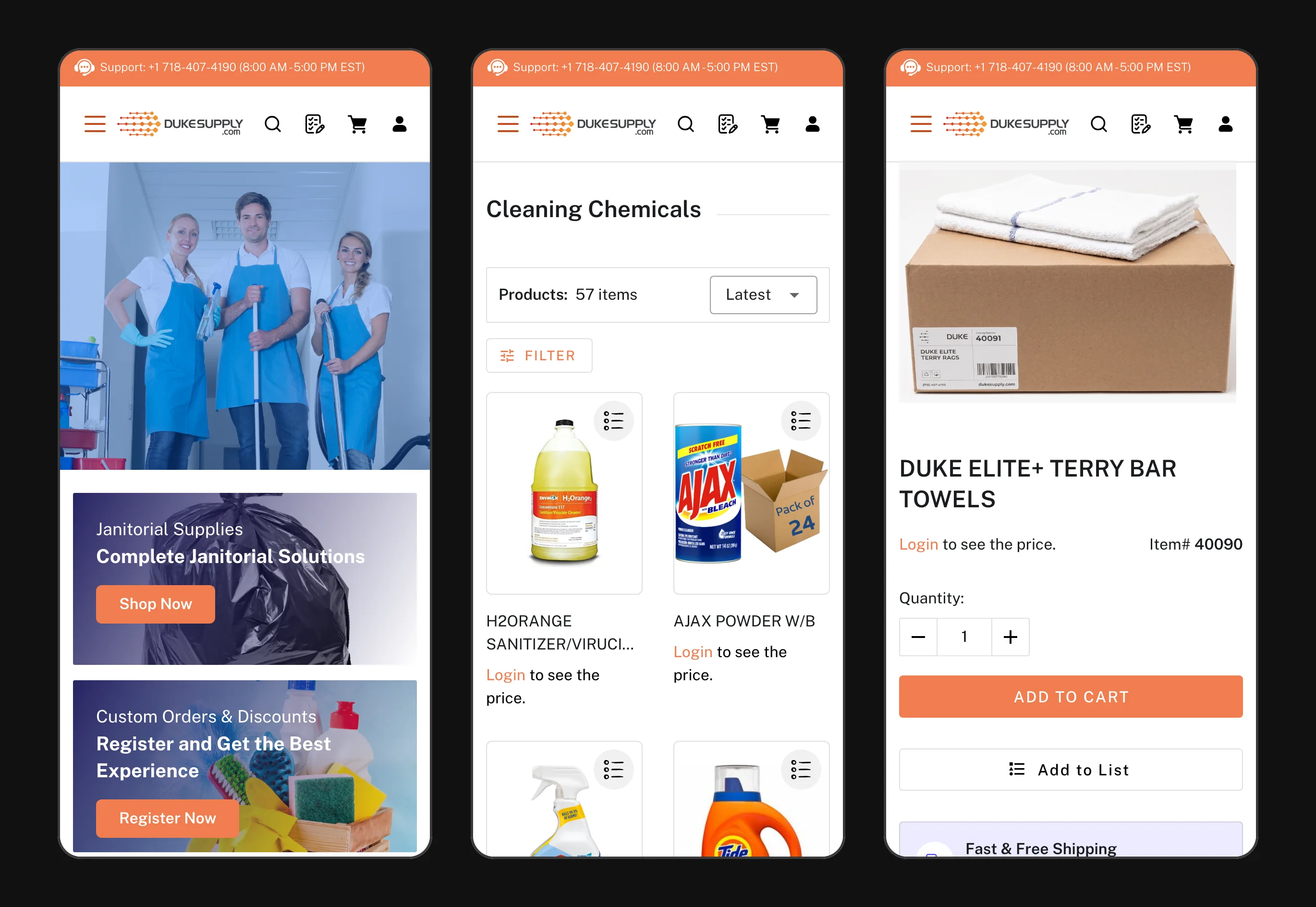 Duke Supply home, category and product pages at phone width