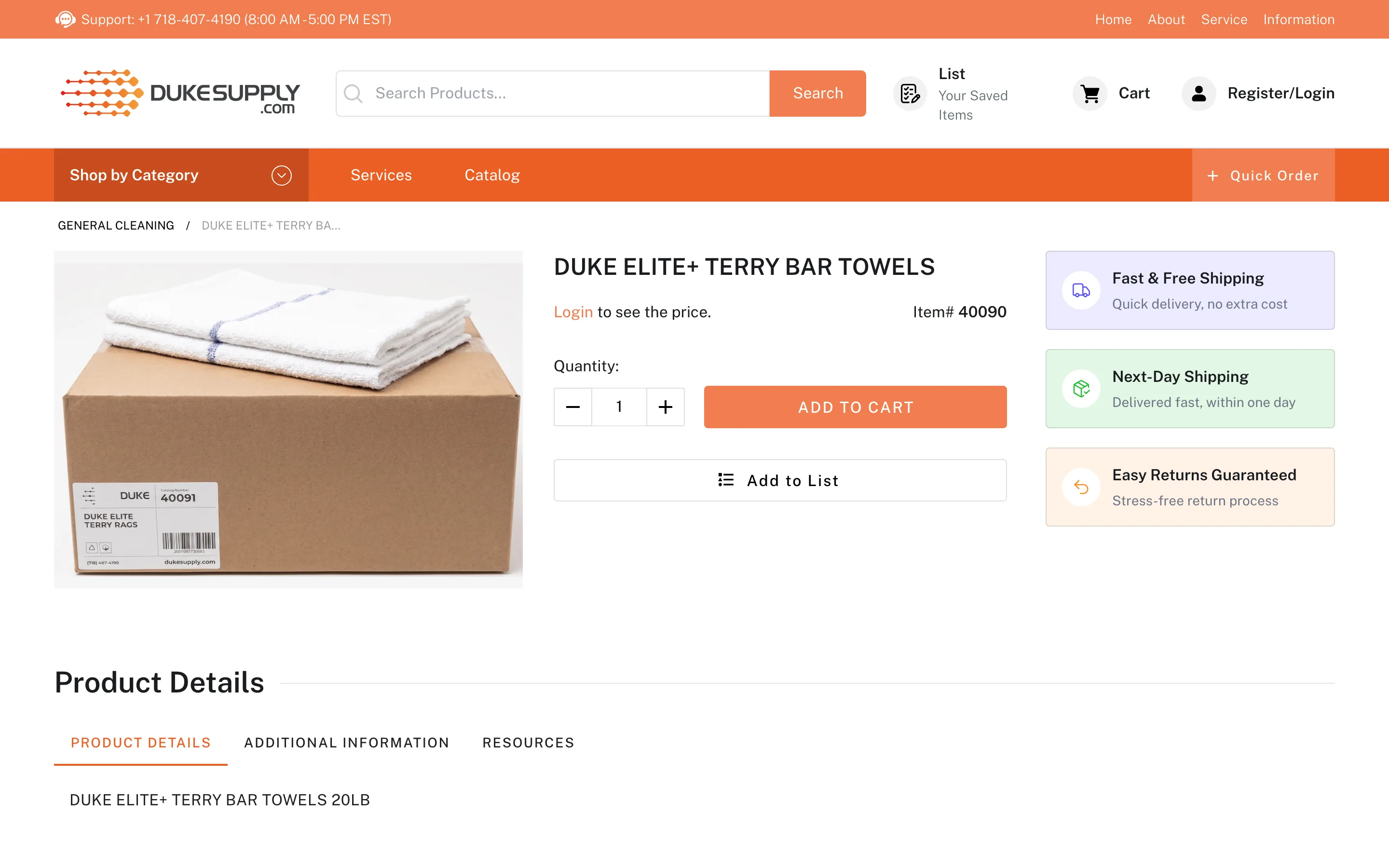 Duke Supply product page with item number, quantity selector, add to cart and add to list