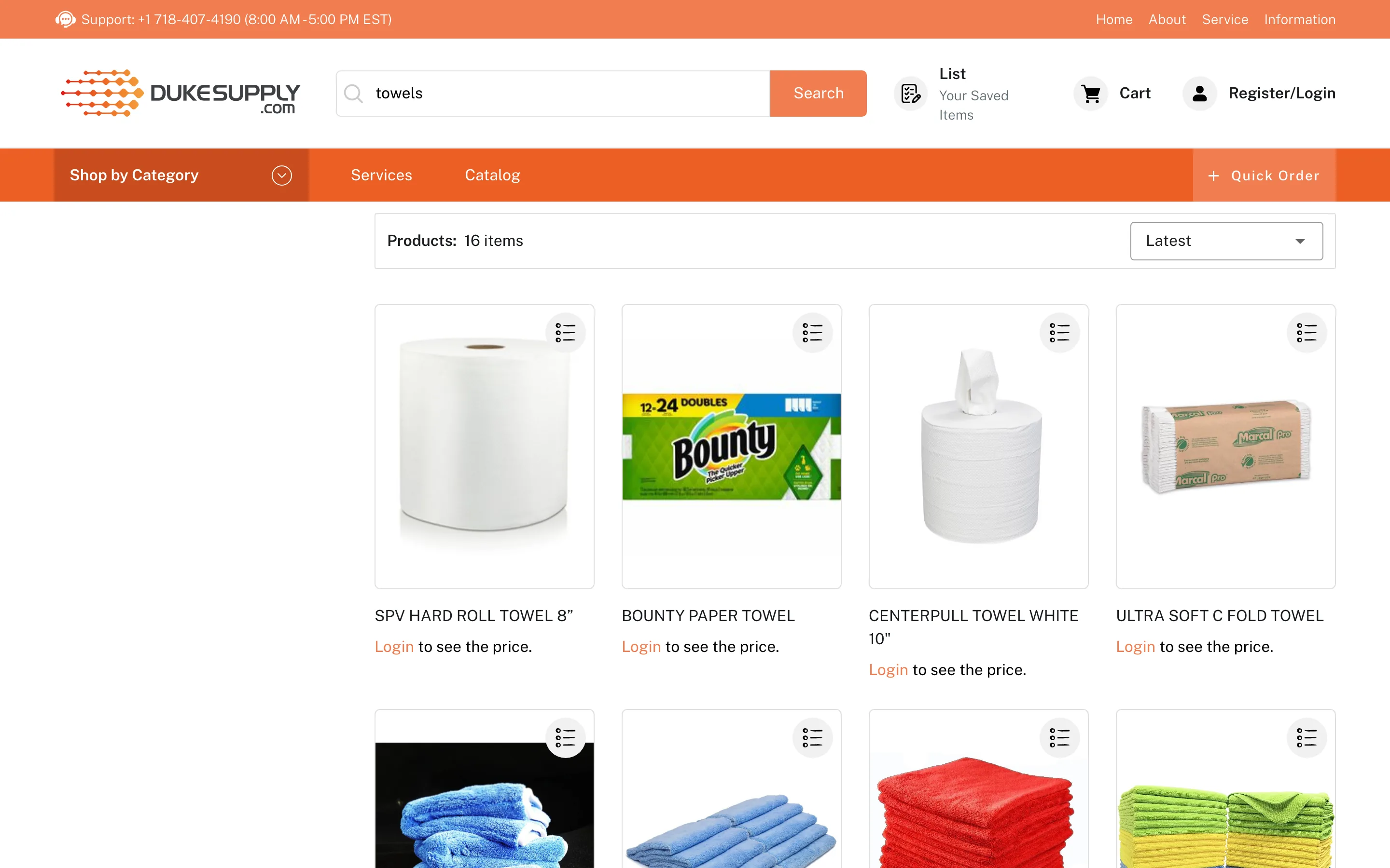 Duke Supply search results for towels with product grid and sorting
