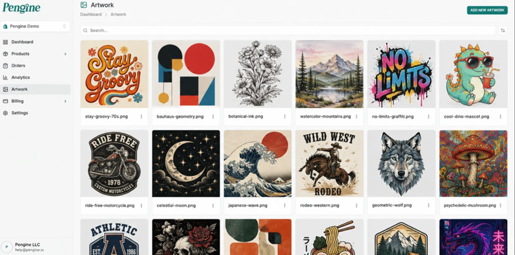 Pengine seller app artwork library with a searchable grid of uploaded designs