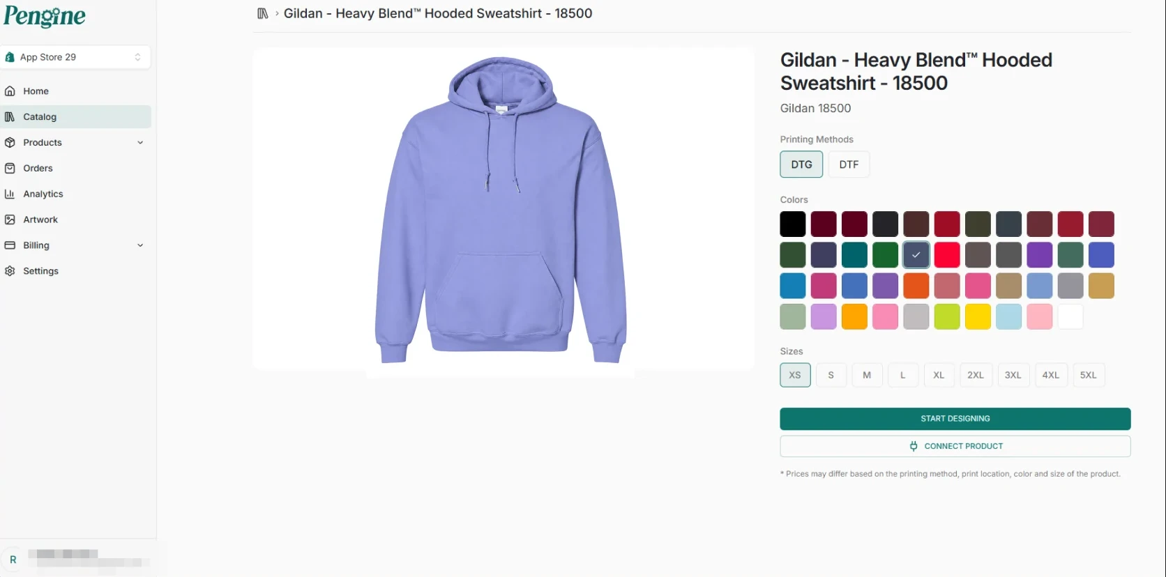 Pengine seller app catalog product page with print methods, color swatches, sizes and Start designing