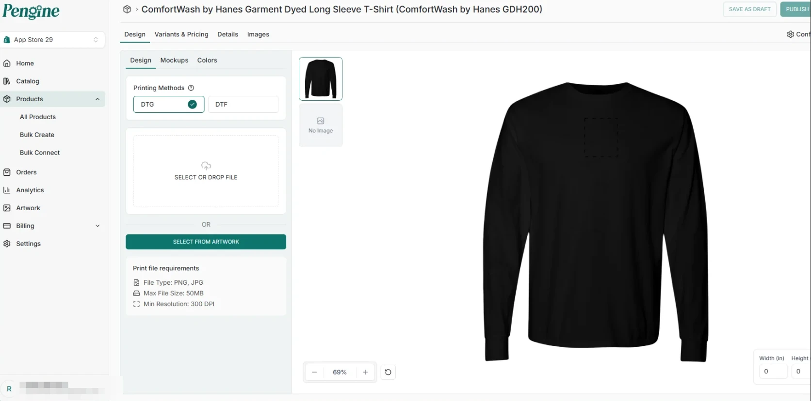 Pengine seller app product editor with print method selection, artwork upload and a marked print area