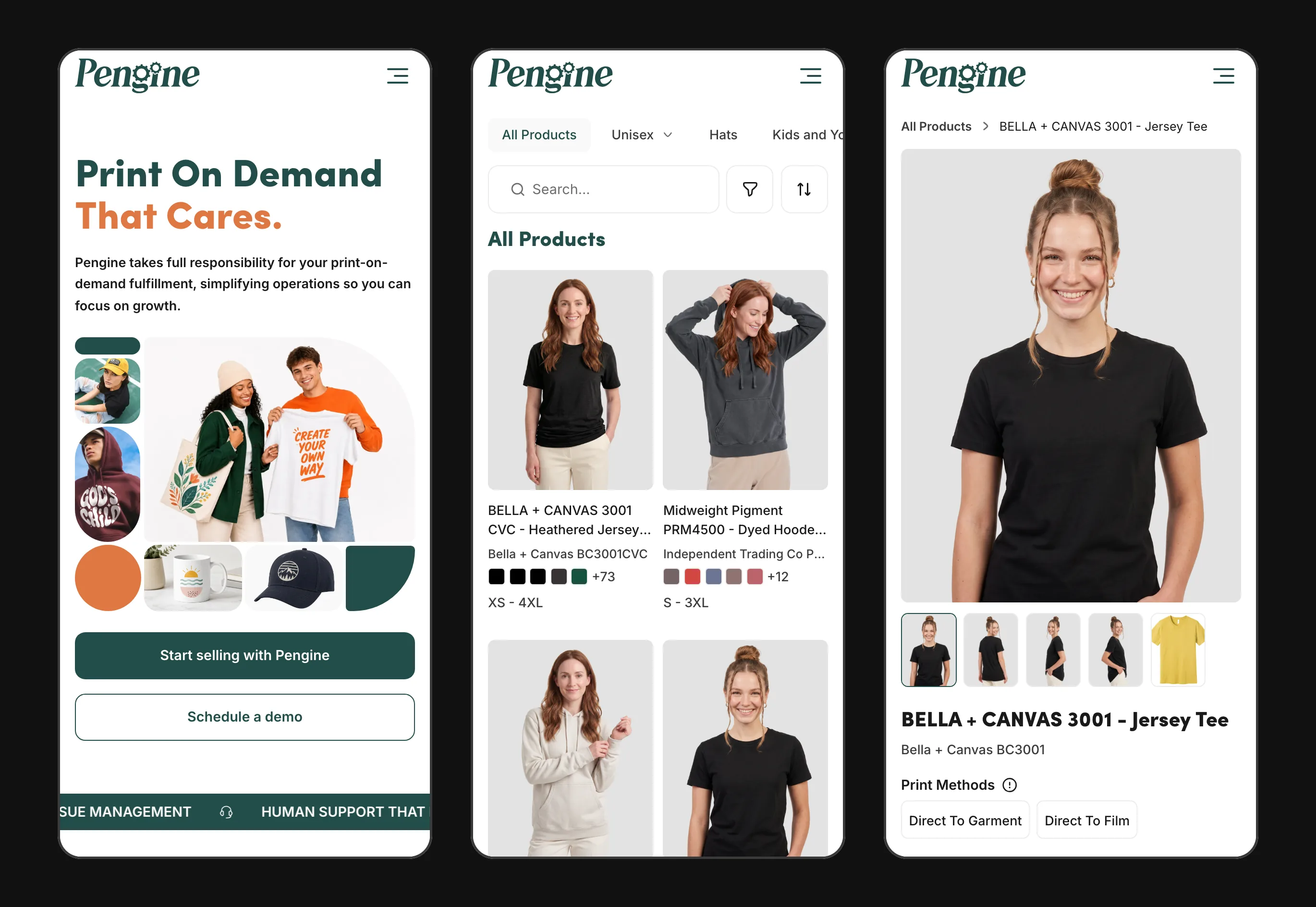 Pengine marketing site home, catalog and product page at phone width