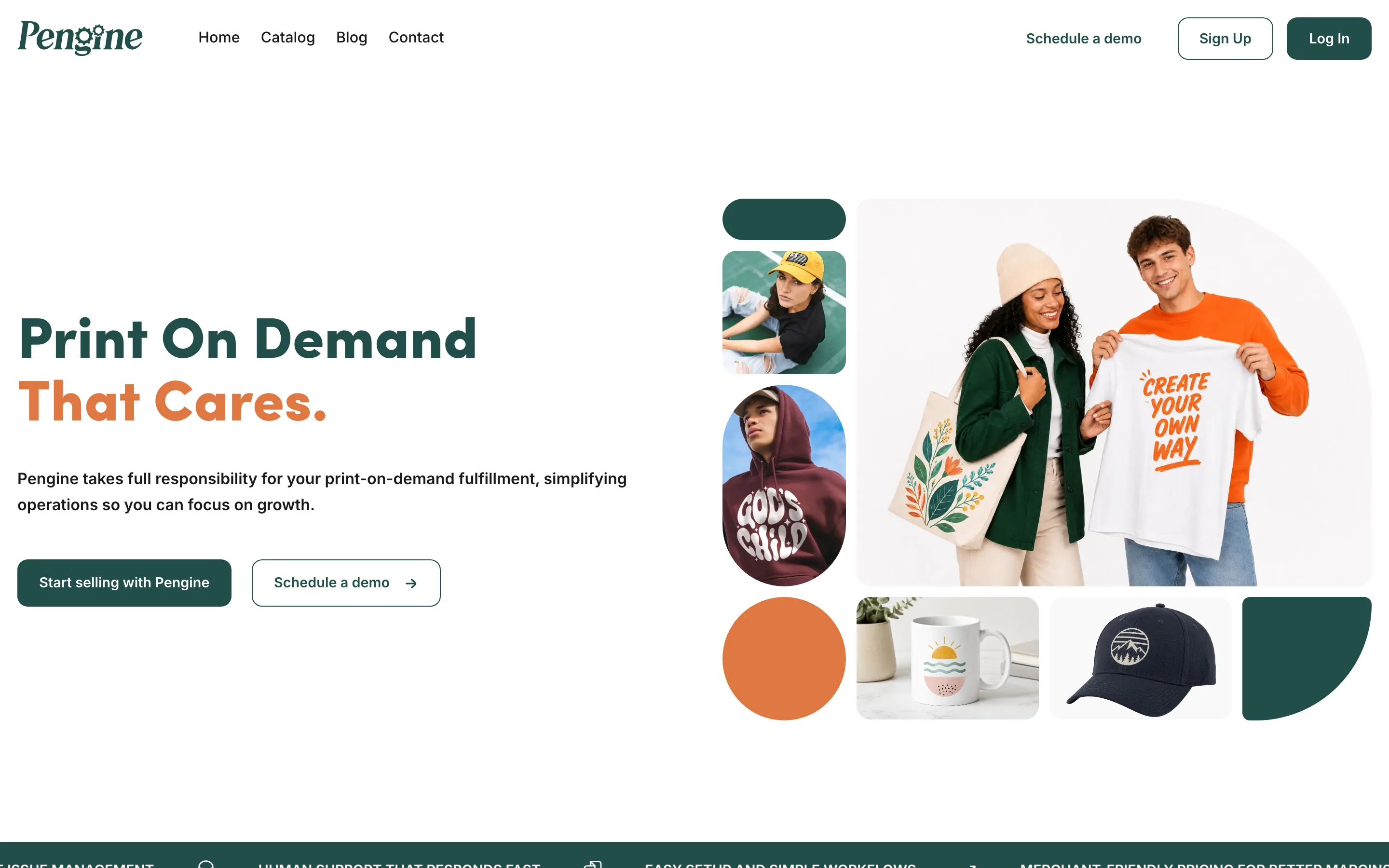 Pengine marketing site home page: Print On Demand That Cares