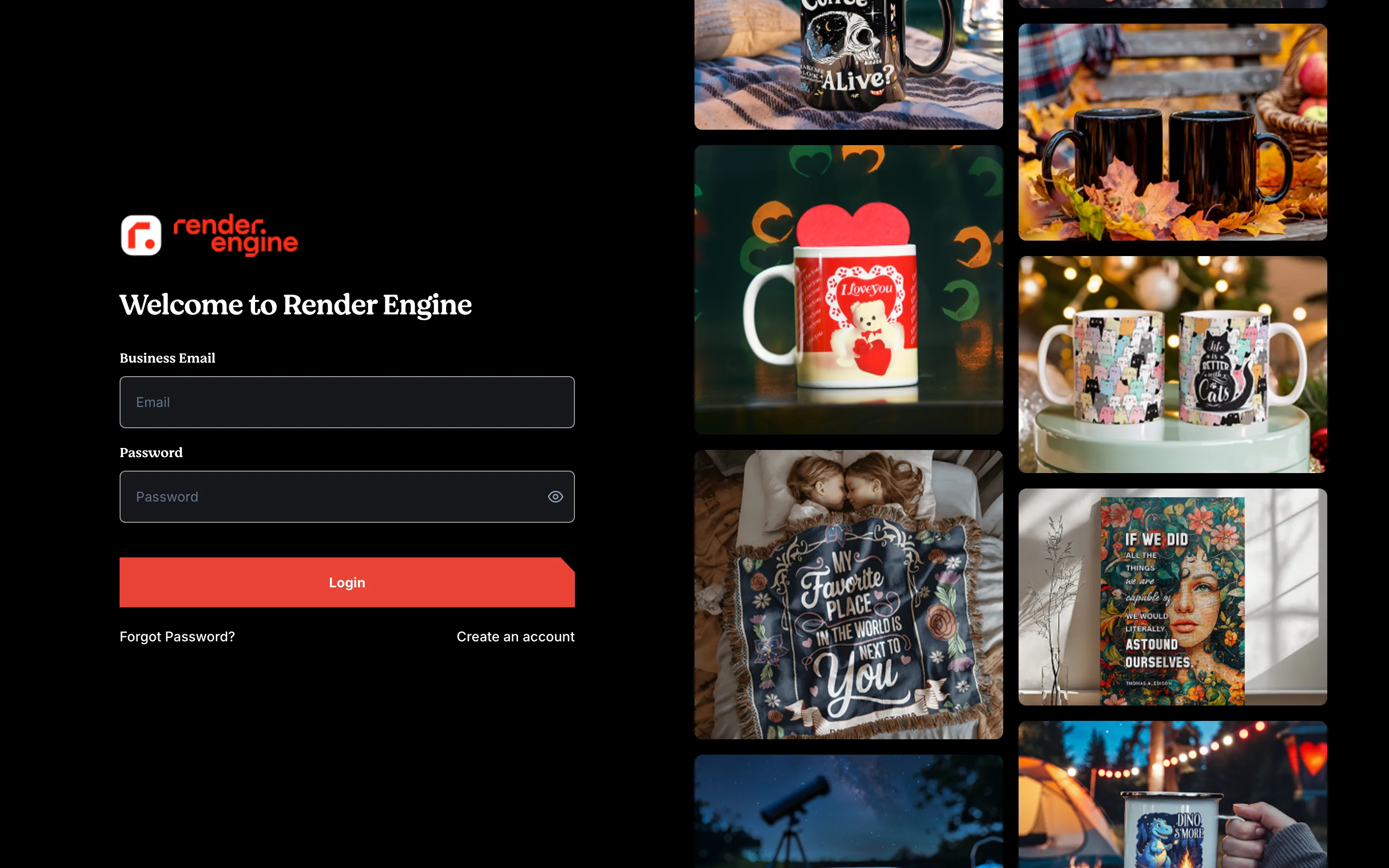 Render Engine B2B app sign-in page beside a collage of generated product mockups