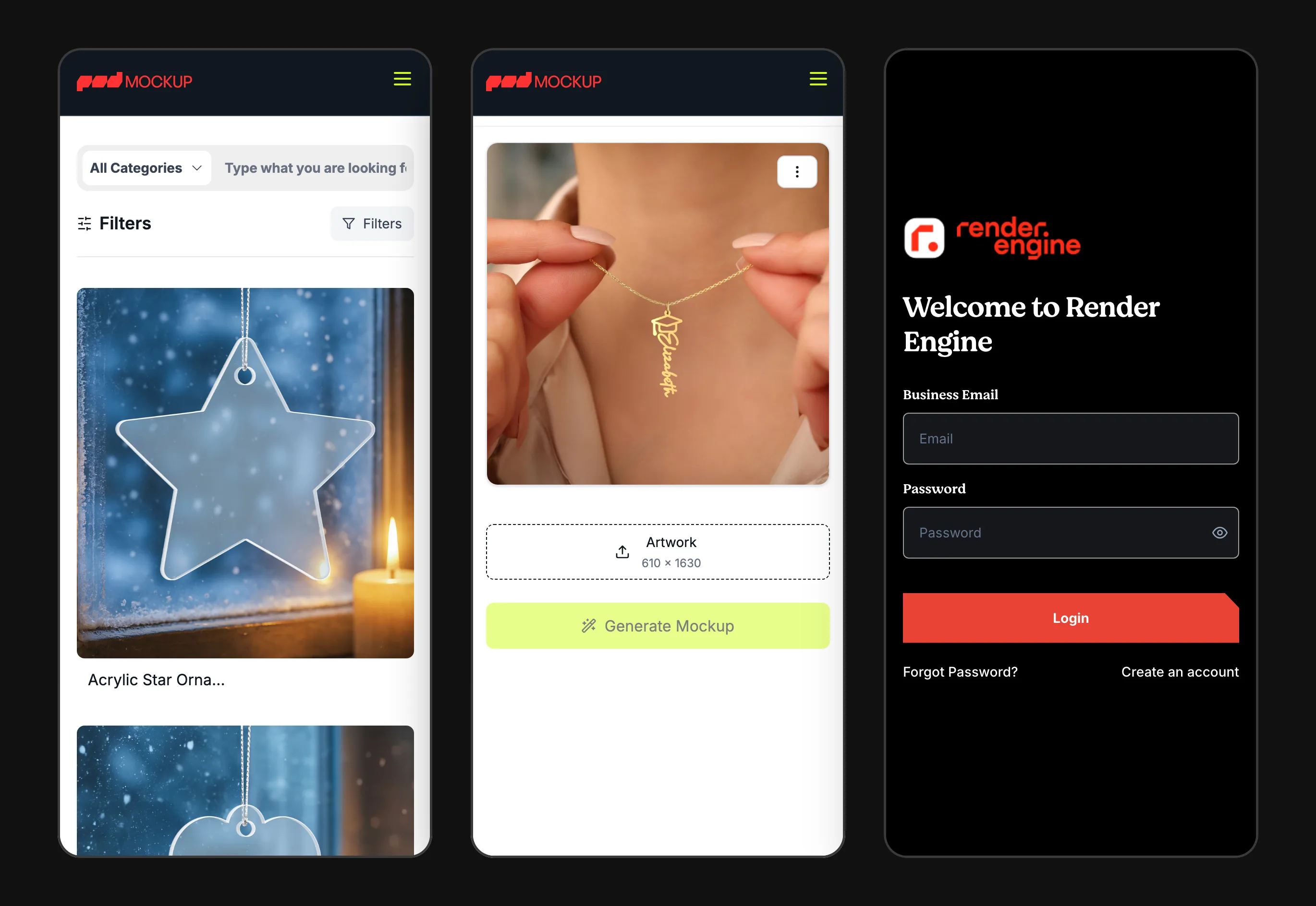 Storefront mockup library, mockup page and B2B sign-in shown at phone width