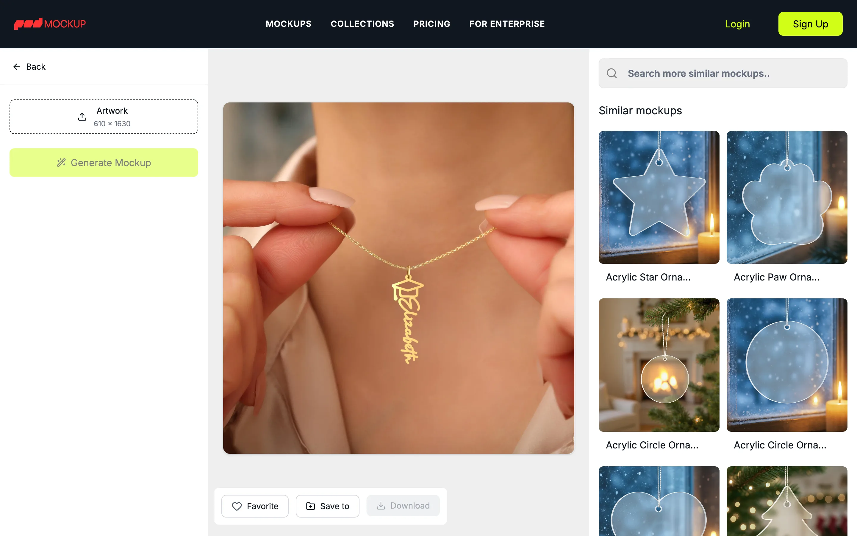 Render Engine storefront mockup page: artwork upload and Generate Mockup on the left, a rendered name necklace in the centre, similar mockups on the right