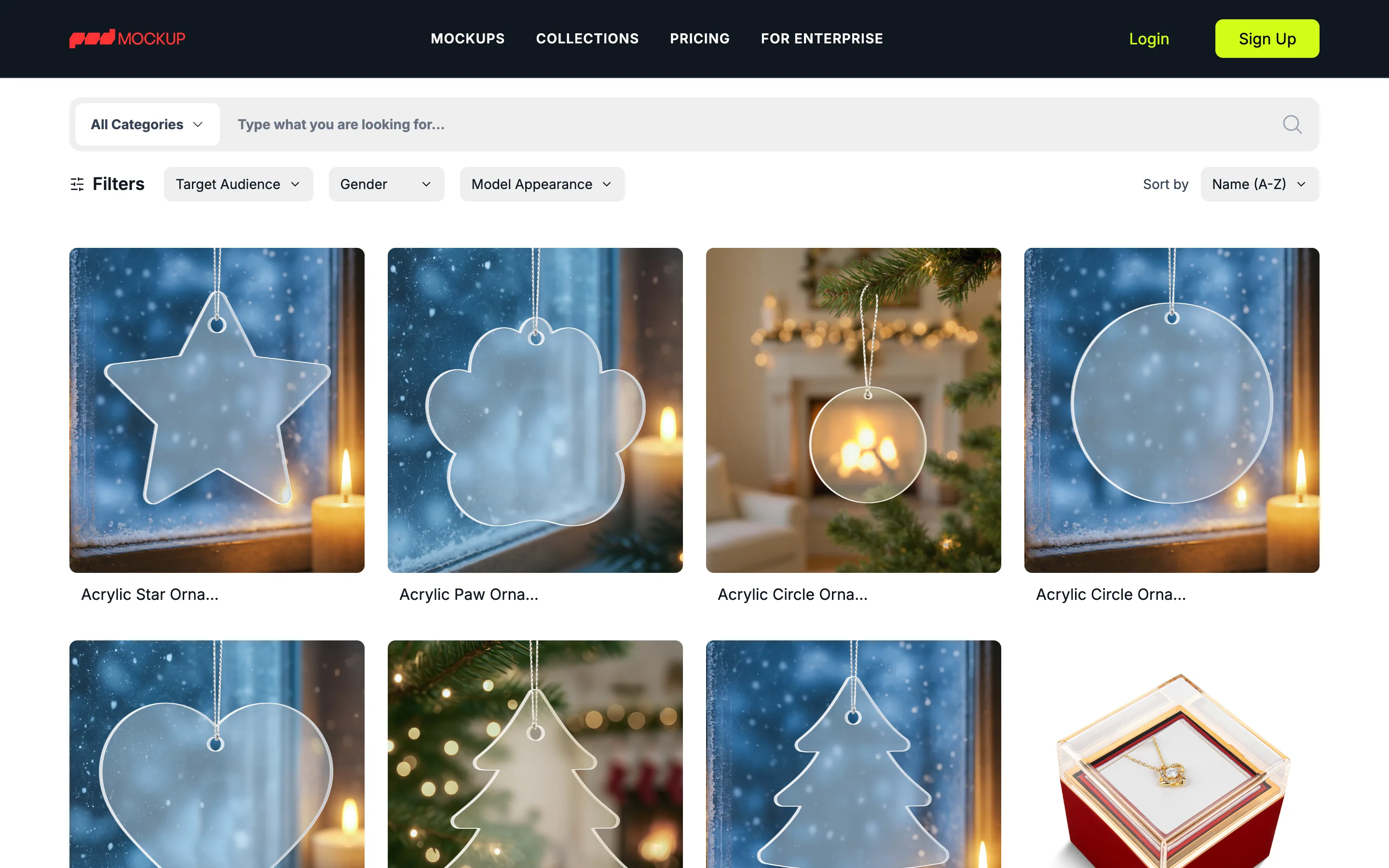 Render Engine storefront mockup library with category search, filters and a grid of mockups