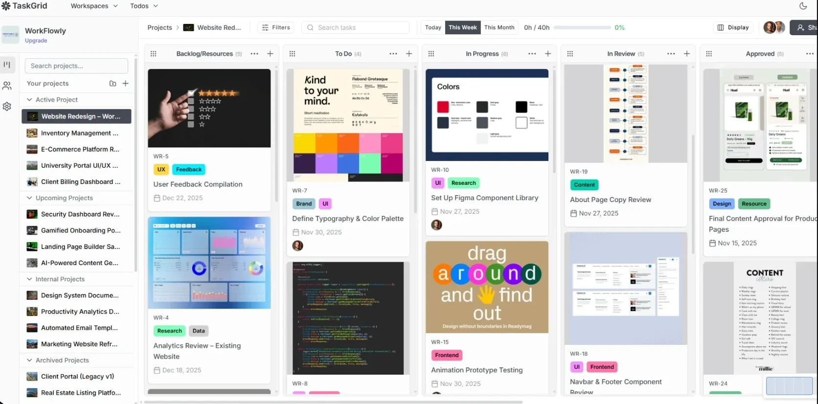 TaskGrid kanban board with columns of task cards showing labels, assignees and due dates