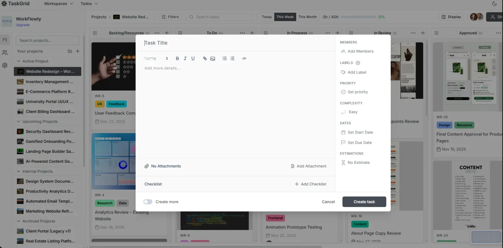 TaskGrid create task modal with rich text editor, members, labels, priority, dates and estimates
