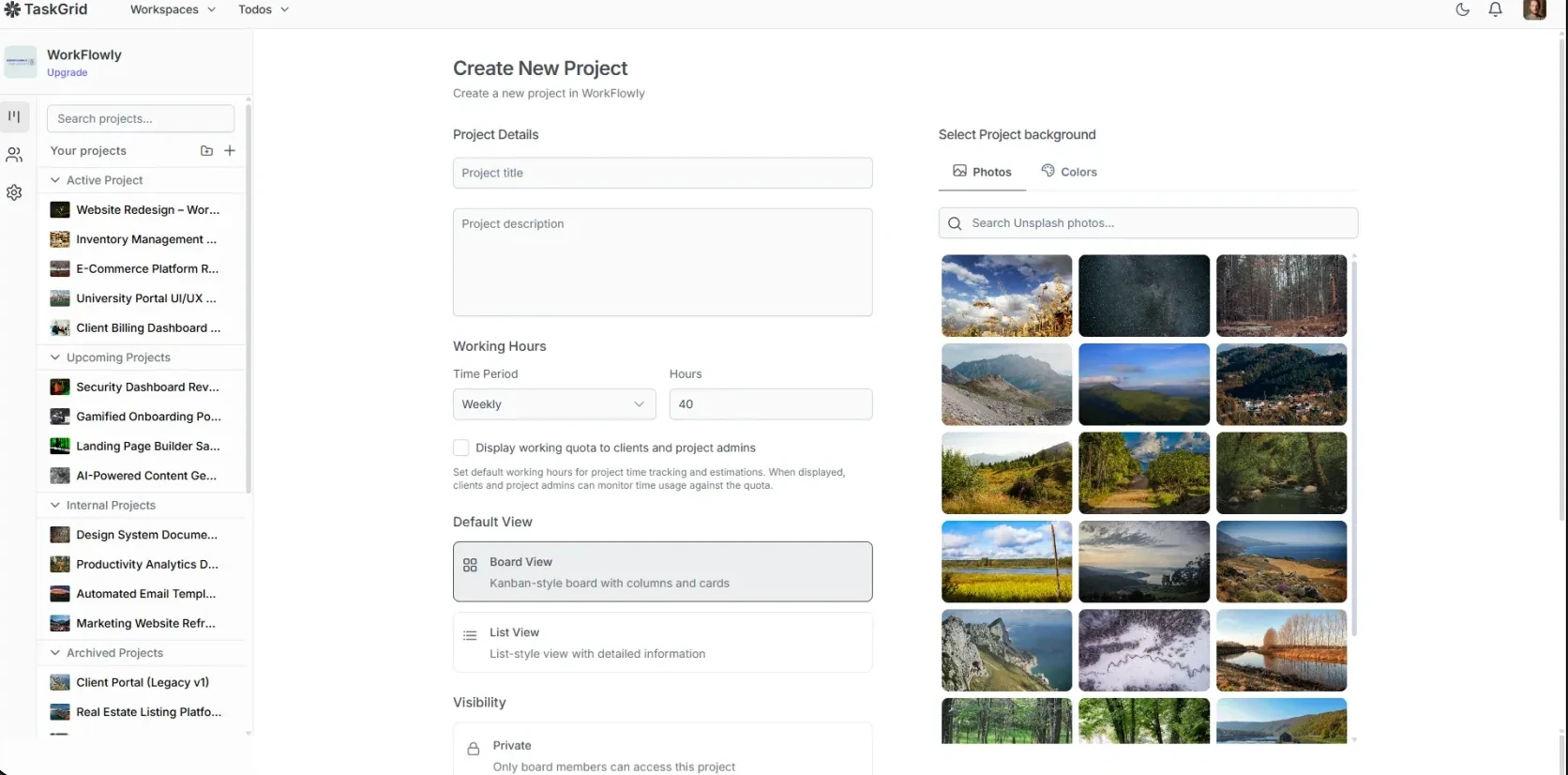 TaskGrid create new project page with working hours, default view, visibility and background picker