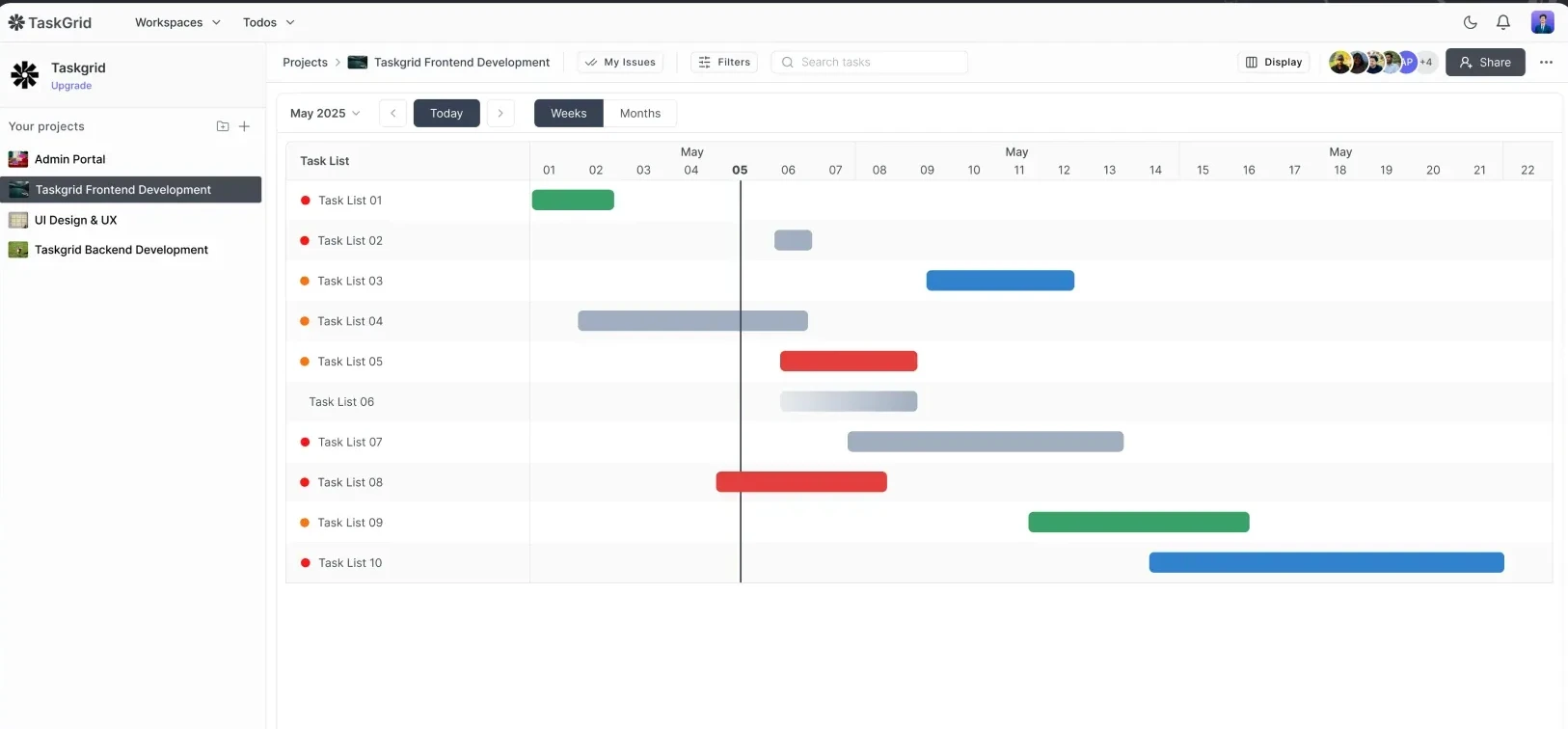TaskGrid timeline view with task bars on a weekly grid